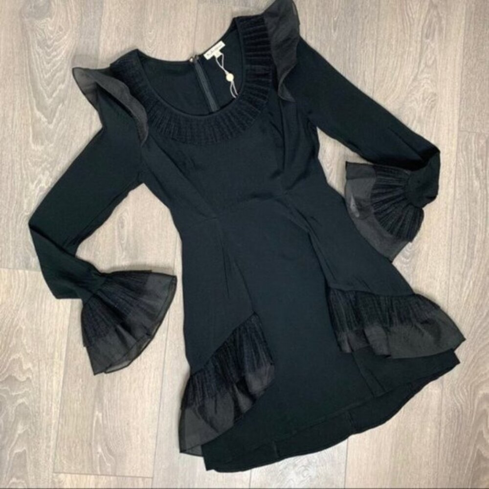 Free People For Love & Lemons Mini Dress XS Flare Sleeve Ruffles Black Prom Grad - Picture 5 of 16
